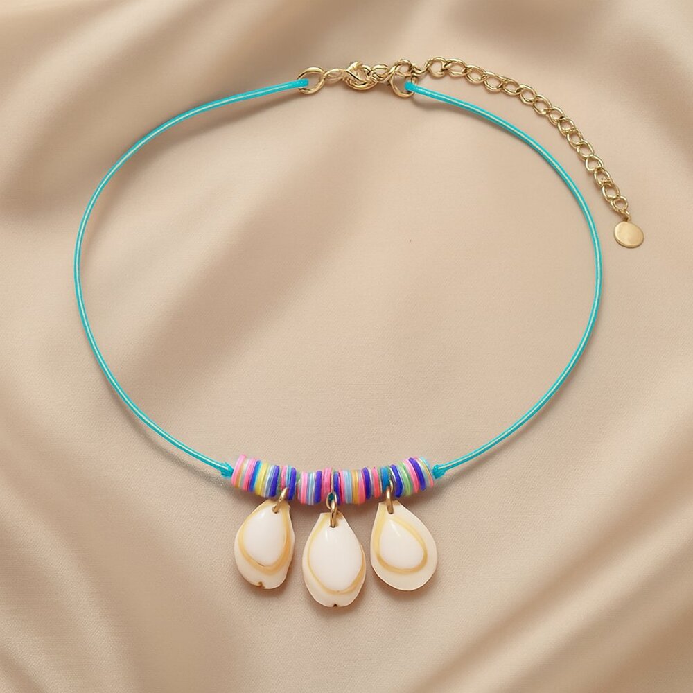 Turquoise Heishi Bead Cowrie Shell Choker – Boho Beach Layering Necklace